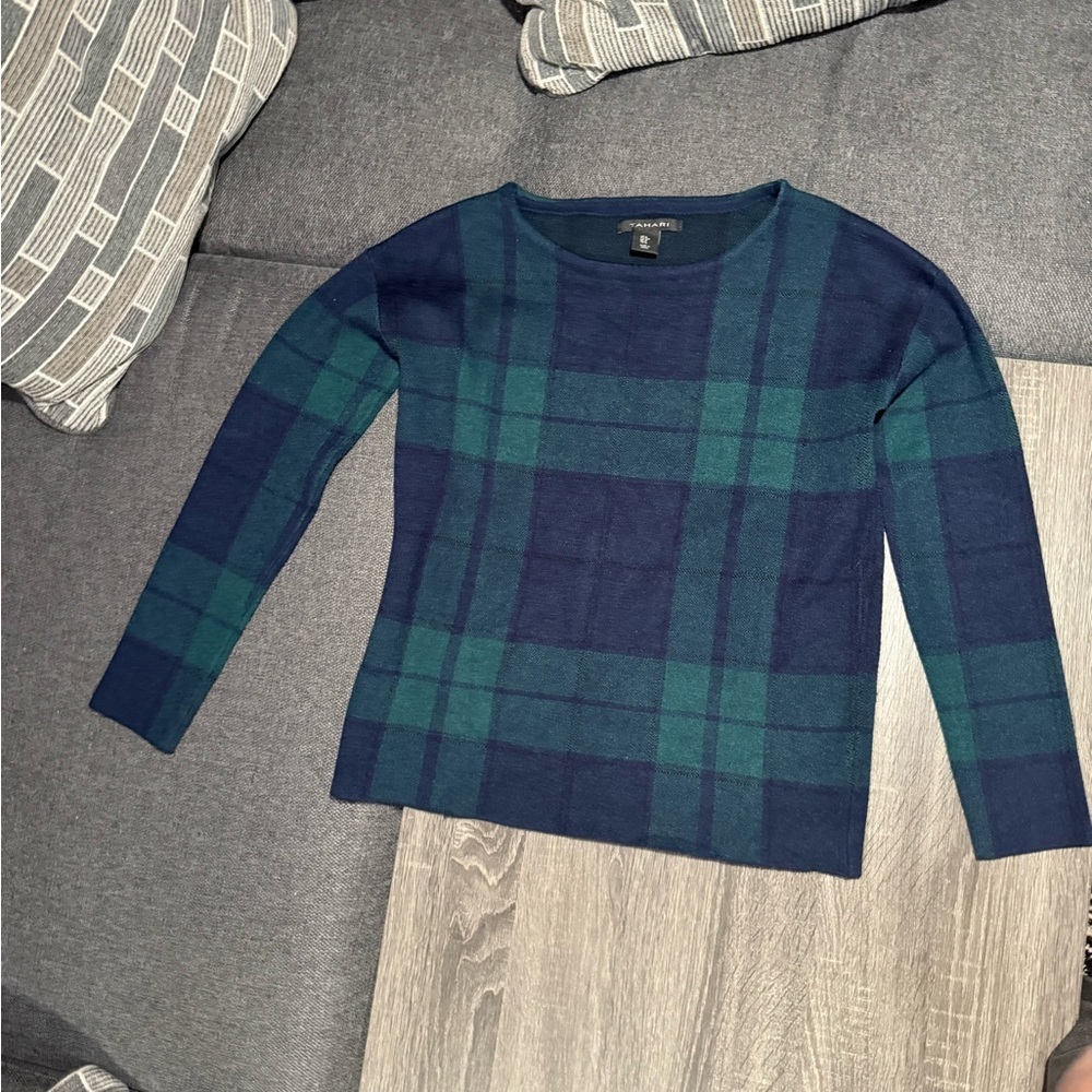 Tahari Women's Crewneck Sweater - Navy and Teal Plaid - Picture 5 of 15